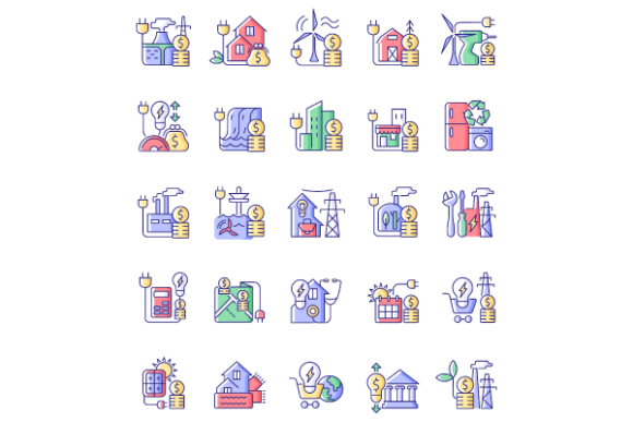Energy Purchase Color Icons Bundle: Visualizing Utility Costs and Renewable Power